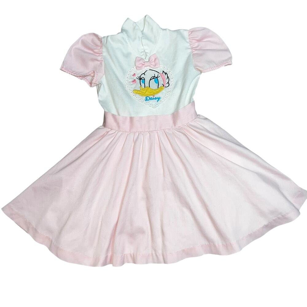 Vintage Disney's Daisy Duck pink and white bow embroidered flare party dress